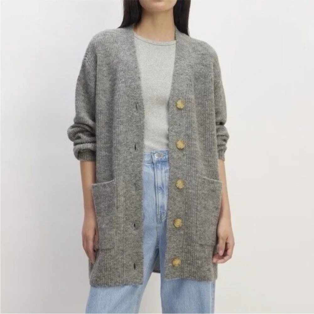 Everlane The Oversized Alpaca Pocket Cardigan Sweater Heathered Stone Grey